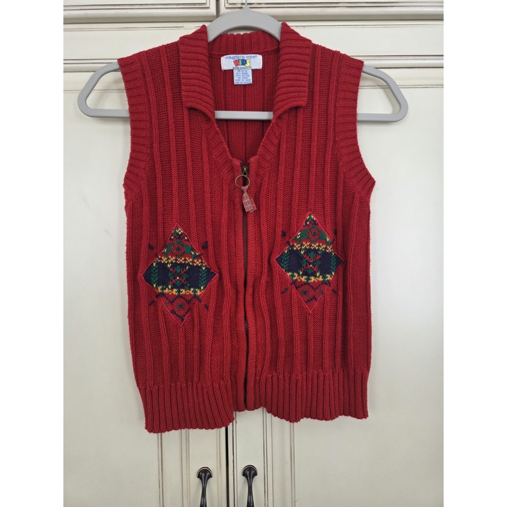 Vtg Eagles Eyeโ Kids 1996 Knit Sweater Vest Childrens 10 Zip Up Ribbed Diamond